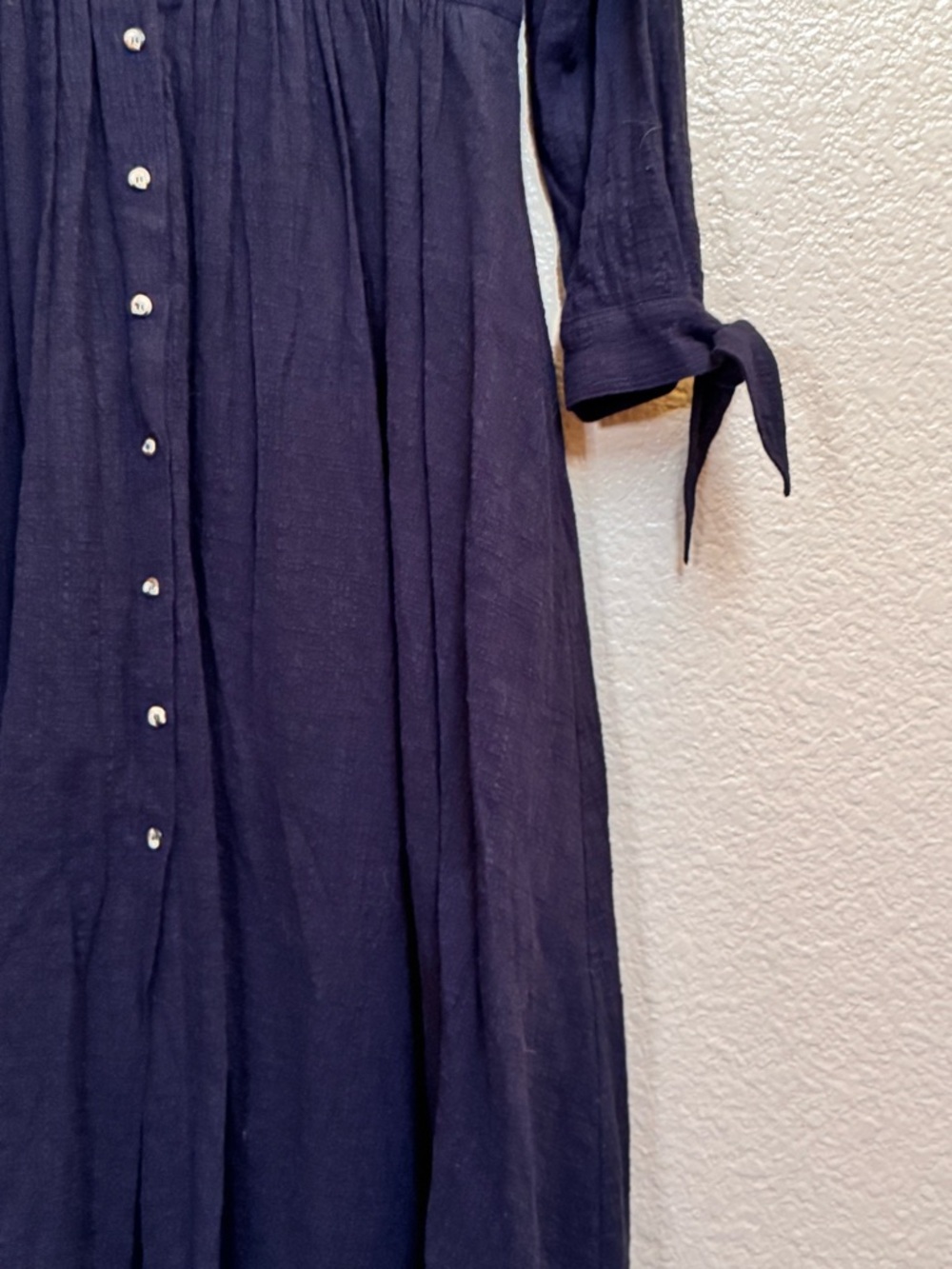 Classic Navy Button-Front Midi Dress with Pockets + Tie Sleeve Detail NWT